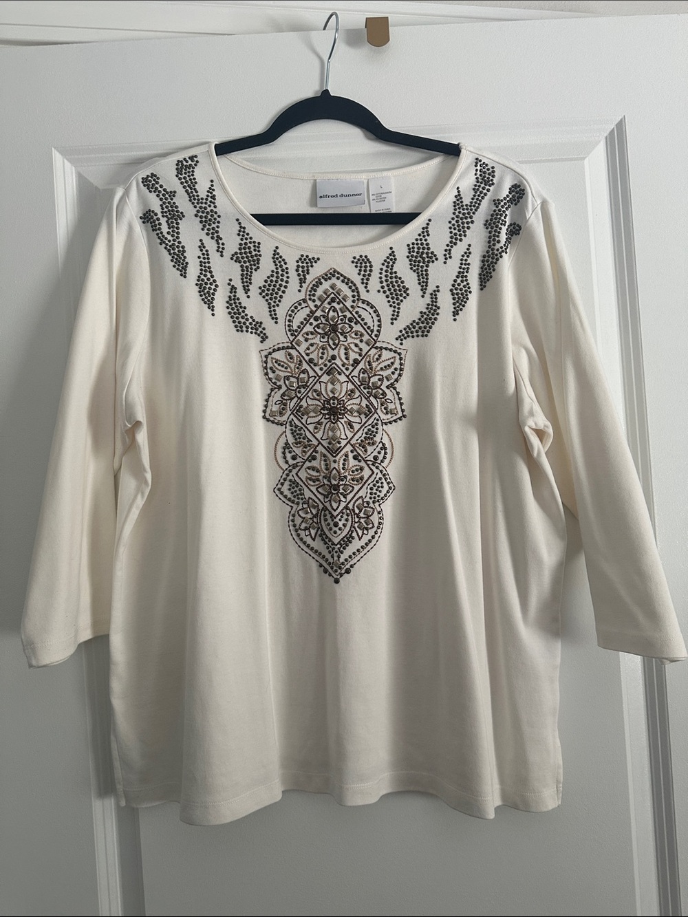 Alfred Dunner Cream Long Sleeve Tee with Black Beaded Medallion Detail